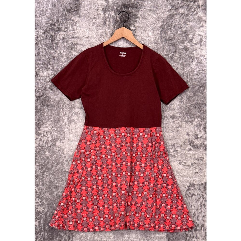 Svaha Dress Small Womens Organic Cotton Sloth Print Short Sleeve Fit And Flare